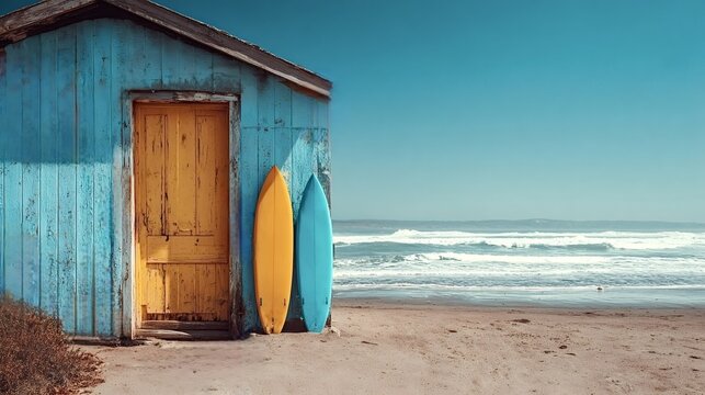 Two colorful surfboards leaning against a weathered blue and yellow surf shack, with rolling ocean waves and a clear blue sky creating a tranquil coastal scene