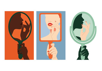Set of Minimalist Aesthetic Illustrations of Women Looking into Handheld Mirrors, Diversity in Beauty and Self-Care Concept Art, Flat Vector Style © DC