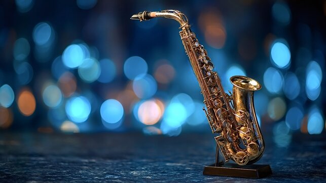 Saxophone, symbolizing jazz and blues music, standing on a dark textured surface with vibrant blue and orange bokeh lights creating a nightlife atmosphere