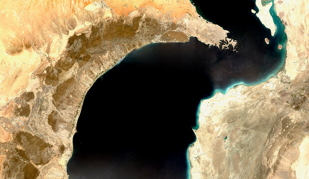 Strait of Hormuz satellite image in natural colors (RGB) &ndash; Persian Gulf, Gulf of Oman coastline and islands