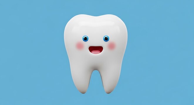 A cute 3d render of a happy white tooth character with a friendly smile on a solid blue background
