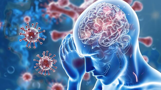 Herpes simplex encephalitis is a severe acute viral infection affecting the central nervous system, caused by herpes simplex virus. This medical illustration visualizes brain inflammation, neural dama