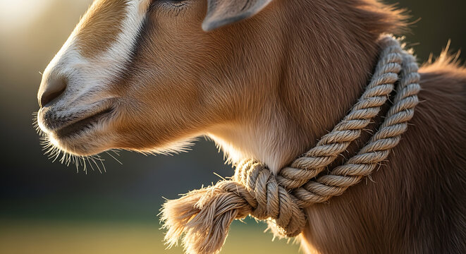 Close-up profile of a domestic goat with a thick rope around its neck, bathed in warm, golden sunlight.