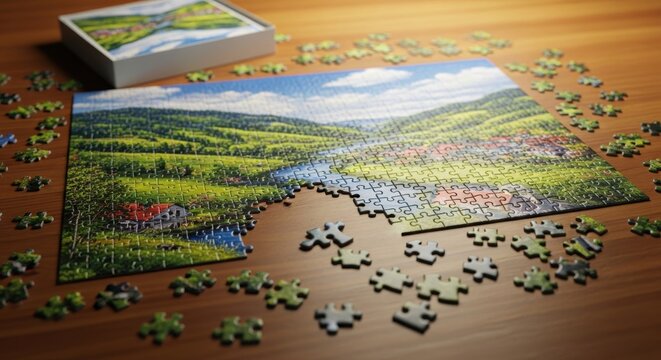 Incomplete jigsaw puzzle lies on a wooden surface next to its box.