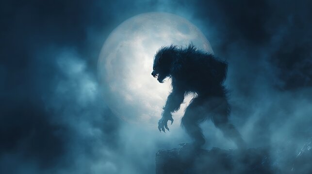 Dramatic digital art of a werewolf silhouette against a full moon