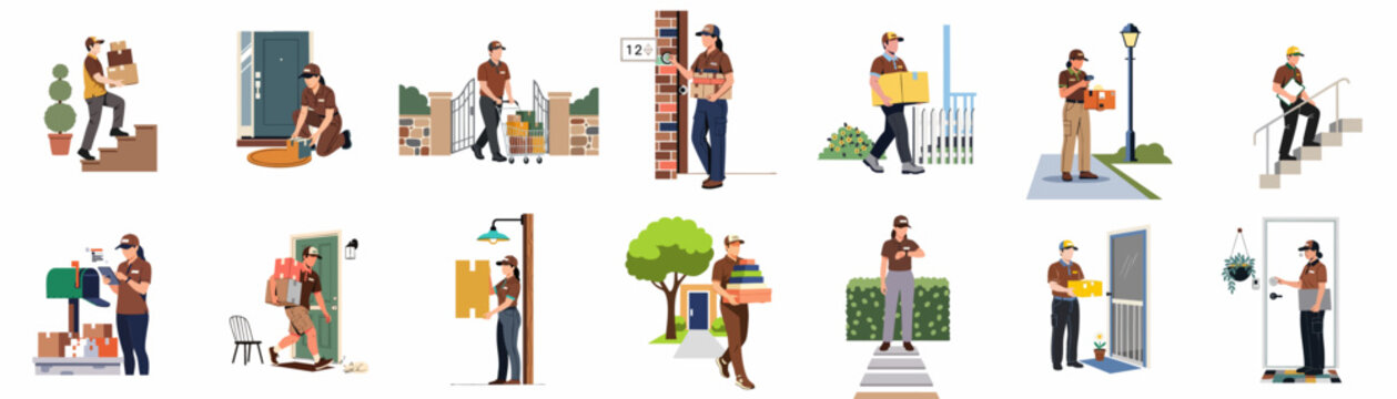 Set of flat illustrations showing delivery workers delivering parcels and packages to homes and various locations.