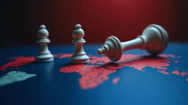 Tariff trade war chess pieces clashing on global economic map surface, bokeh dark strategic background