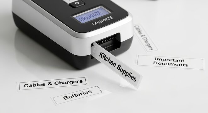 Electronic label maker prints a sticker for kitchen supplies with other labels scattered on a white background.