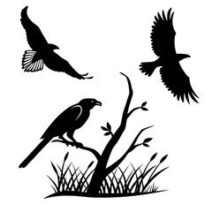 Obraz premium A minimalist vector graphic illustration of three birds in flight and perched on a tree branch