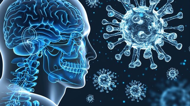 Herpes simplex encephalitis is a severe acute viral infection affecting the central nervous system, caused by herpes simplex virus. This medical illustration visualizes brain inflammation, neural dama