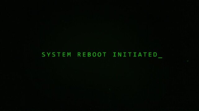 Retro computer system screen reboot animation on dark background. Computer initiated rebooting. 4k