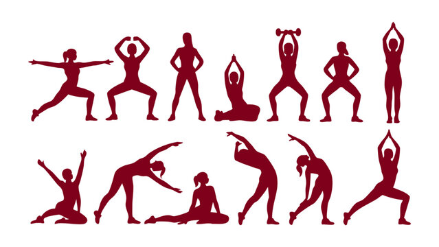 Set of burgundy female yoga and fitness workout silhouettes, Collection of woman stretching and athletic exercise poses, Fitness woman silhouettes doing yoga and strength training, Active lifestyle wo