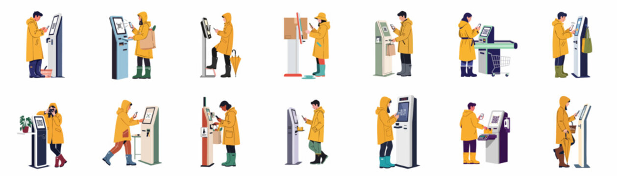 Collection of people in yellow raincoats using various automated self-service kiosks, payment terminals, and scanning QR codes with their smartphones.