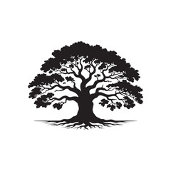 Obraz premium Detailed black silhouette of a large, oak tree with spreading branches and visible roots on a white background