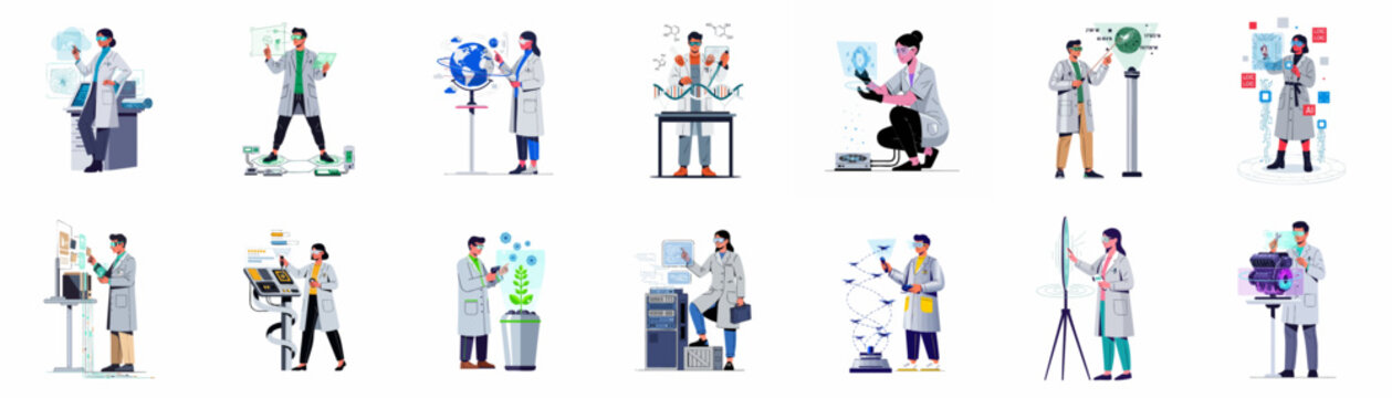 Collection of diverse scientists and engineers using futuristic virtual and augmented reality technologies for research, data analysis, and technical innovation in various professional fields.