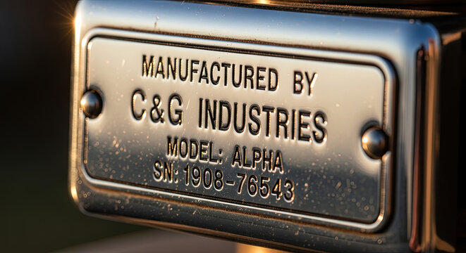 Manufacturer's plate from C&G Industries model Alpha close-up  