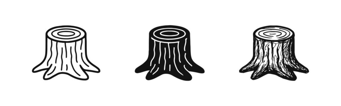 Tree stump icons set in outline, solid, and hand-drawn style
