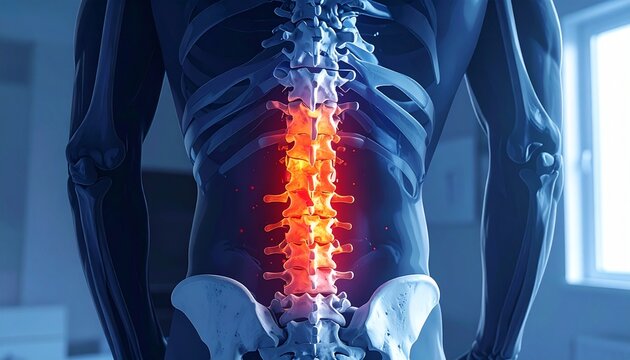 "Medical lower back anatomy illustration highlighting lumbar spine inflammation, herniated disc, glowing visualization, orthopedic health."
