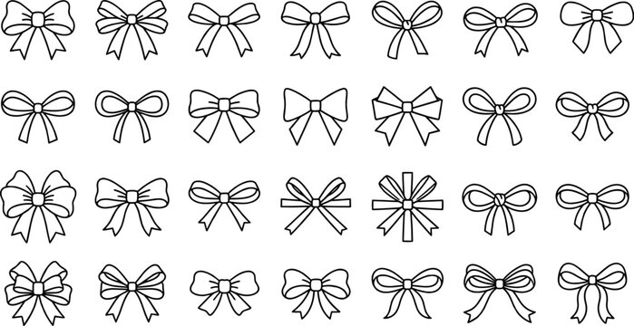 bow and ribbon outline icon set, collection of decorative line knots for gifts and greeting card design on transparent background