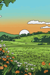 Naklejka premium Sunset Over Lush Green Countryside with Flowers