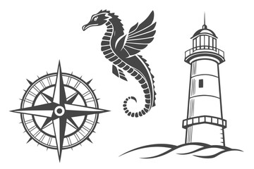 A nautical vector graphic featuring a seahorse flying over a lighthouse and compass on a white background © Ferdou