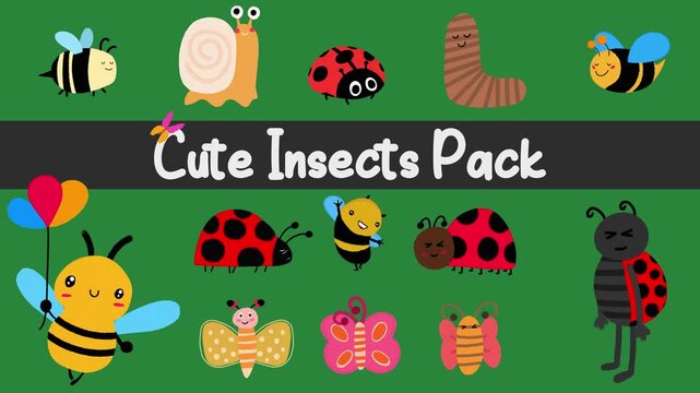 Cute Animated Insects and Bugs on Green Screen | Colorful 2D Hand-Drawn Cartoon Animals Pack | Playful Butterfly Bee Ladybug hand drawn animation for Kids