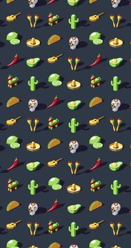 Vertical Cinco de Mayo themed seamless background animation of colorful isometric icons