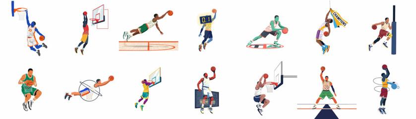 Collection of flat minimalist illustrations featuring professional basketball players in various dynamic poses like dunking and dribbling on a white background. © Telu