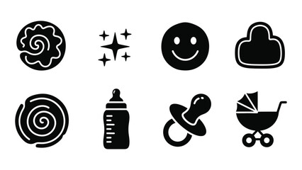 A collection of black glyph icons depicting baby related items including a snail stars happy face and stroller high quality professional © SILHUETTECHEMBER