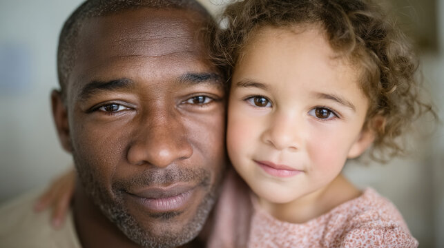 African male adult and mixed-race female child embracing with smiles