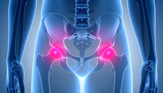 "Medical illustration highlighting inflamed hip joints, pelvis anatomy, femur heads, and lower spine structure."