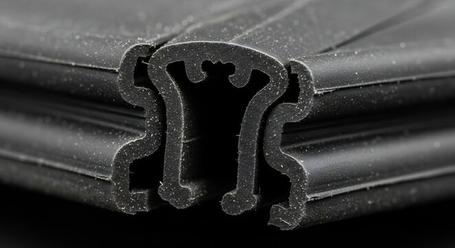Closeup of a black rubber seal with intricate interlocking design for industrial applications.