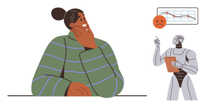 Artificial intelligence, data analysis, decision-making, creativity, human-robot interaction, technology. A robot with a clipboard analyzing a chart, and a person deep in thought. Artificial