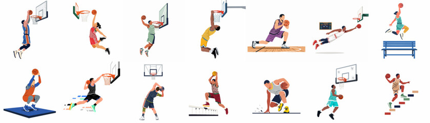 Set of dynamic basketball player illustrations featuring men and women in action-packed poses like dunking, shooting, and jumping on a white background. © Telu