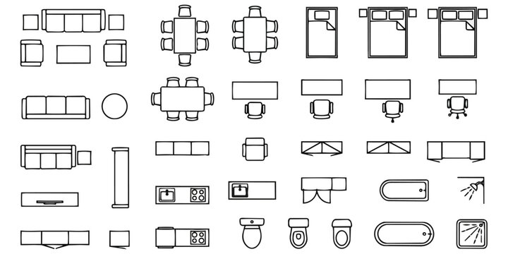 Comprehensive collection of architectural furniture plan symbols including various seating arrangements, kitchen appliances, bathtubs, and office workstations for detailed technical drawing and spatia