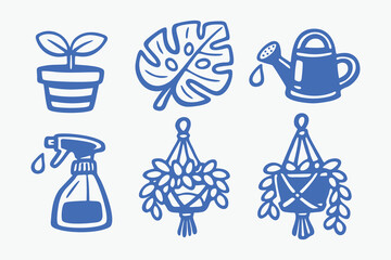 Blue Hand-Drawn Houseplant and Gardening Icon Set © thetwelvesense
