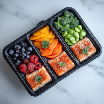 Prepped meal with salmon, berries, and vegetables