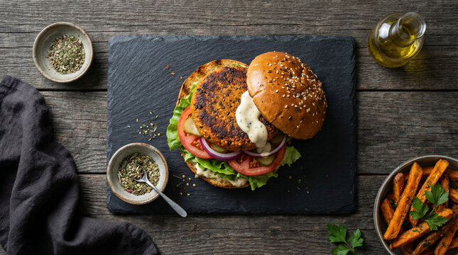 Top view of a tasty plant-based veggie burger with fresh vegetables and creamy sauce on a black slate board, served with sweet potato fries on dark rustic wooden surface.