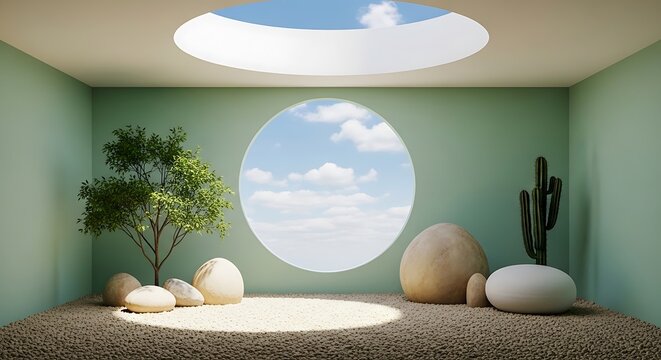A serene minimalist interior space featuring a round window with natural light and desert plants