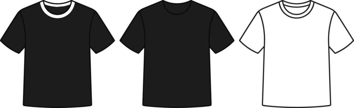 Blank T-Shirt Silhouette and Outline Template Set Featuring Black and White Short Sleeve Tee Mockups for Fashion Design Apparel Branding and Clothing Icons