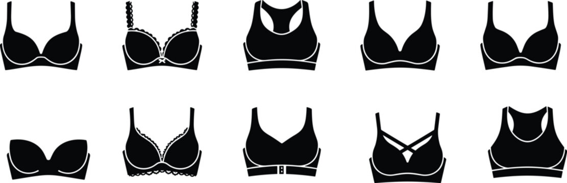 Bra silhouette set, lingerie vector icons, underwear illustration artwork, fashion clipart collection, women&rsquo;s clothing design, black bra graphic pack