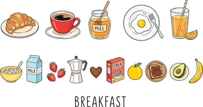 Breakfast illustration, croissant, coffee cup, honey jar, fried egg, orange juice, cereal bowl, milk carton, strawberries, moka pot, toast, avocado, banana, cereal box, fruit, chocolate spread,