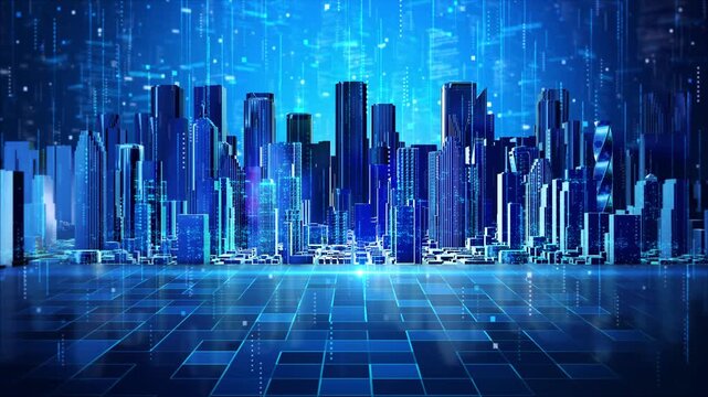 High tech skyline geometric buildings digital data patterns connected infrastructure advanced computing networks. smart city presentations, digital infrastructure visuals, urban technology innovation