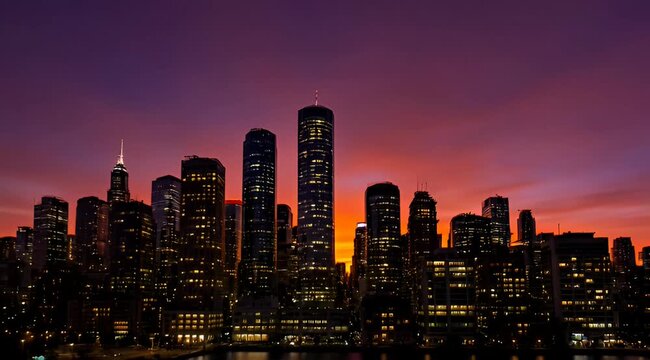 aerial view of illuminated skyscrapers against a purple and orange sky during dusk