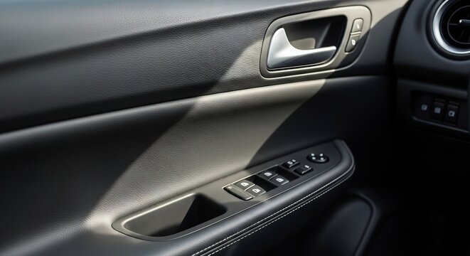 Closeup of a car door interior with window controls and a handle.