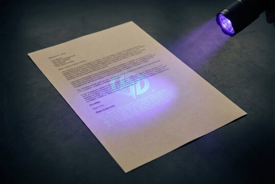 Brown paper document under blue ultraviolet flashlight on dark surface