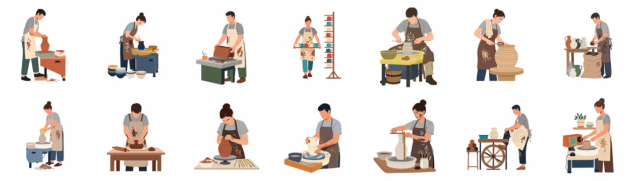 Flat vector illustrations of people working in a pottery studio, crafting ceramics on wheels, sculpting clay, and painting finished products.