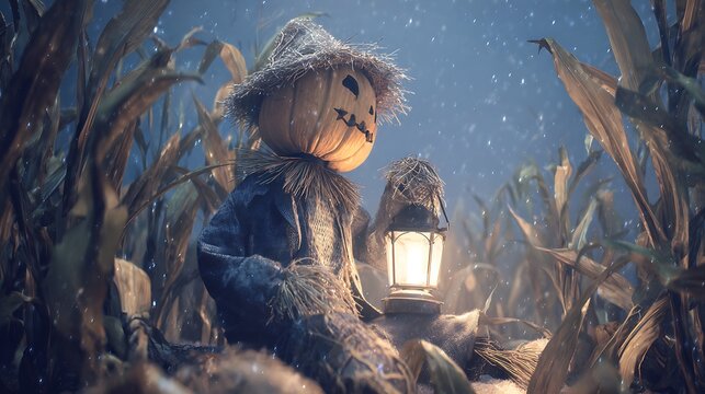 Autumnal scarecrow with pumpkin head and glowing lantern in cornfield