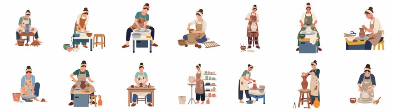Set of flat vector illustrations featuring women potters working with clay, pottery wheels, and ceramic art in a workshop studio environment.