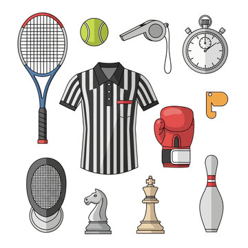 Sports Equipment Collection: Tennis, Boxing, Referee, Chess, Bowling & Stopwatch